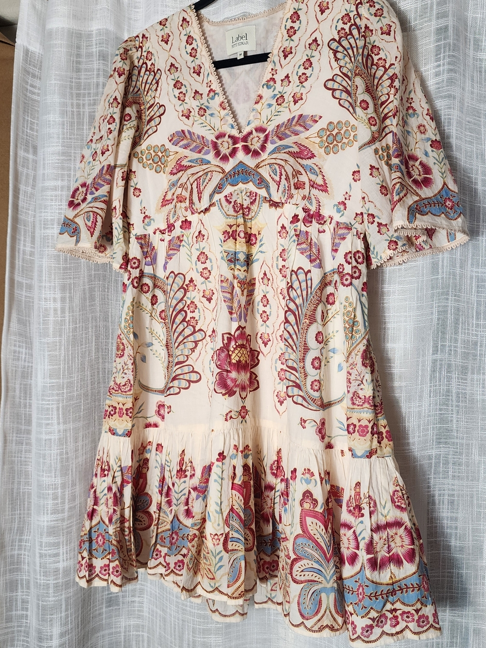 Label Ritukumar Cream Mini Dress with Red and Blue Floral Embroidery